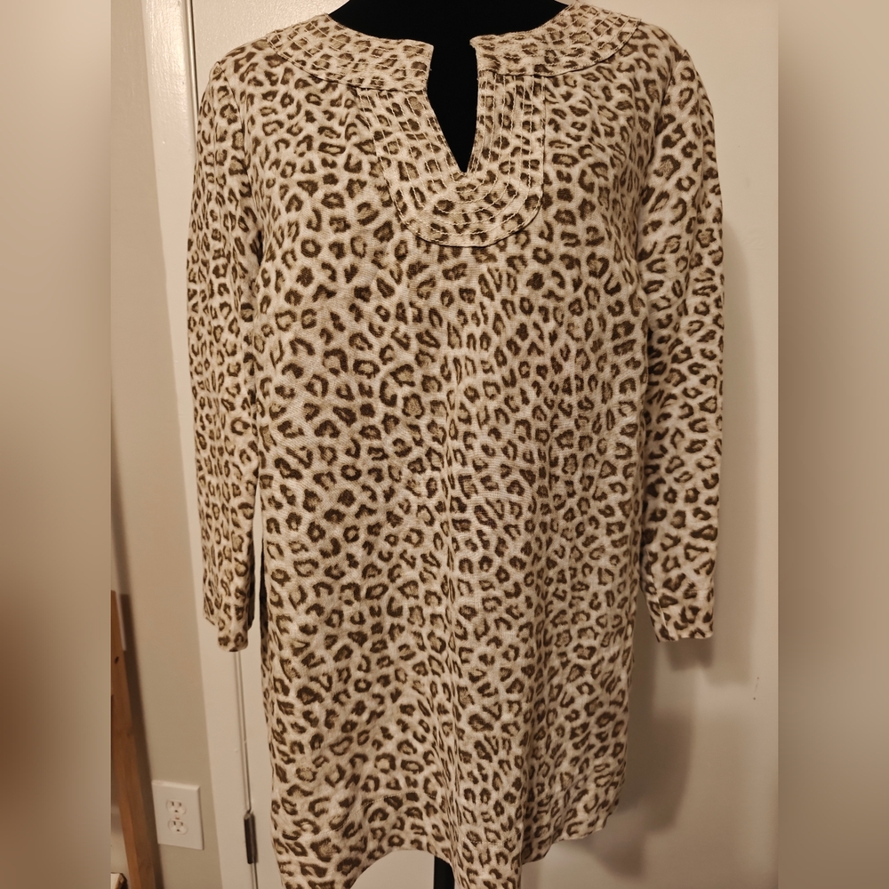 Linen Popover Tunic Blouse Leopard M Medium 3/4 Sleeve Light EUC